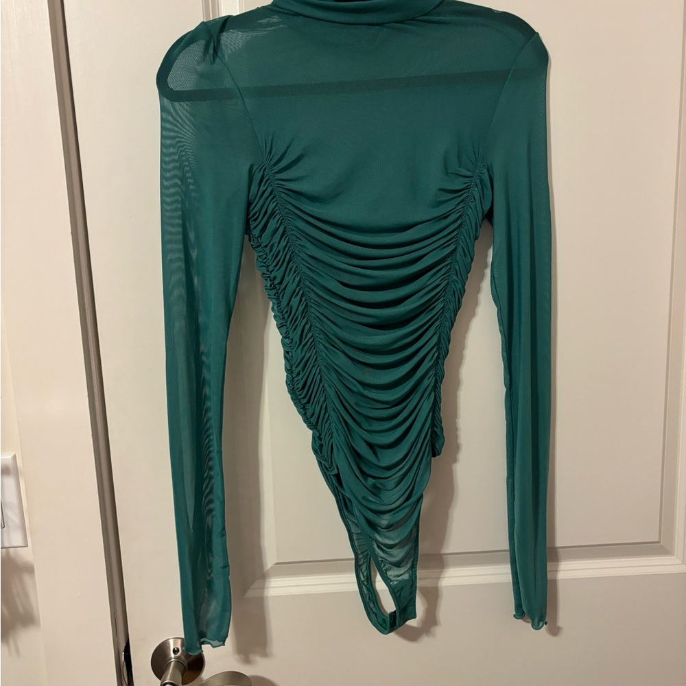 FREE PEOPLE Teal Ruched Long Sleeve Bodysuit - S